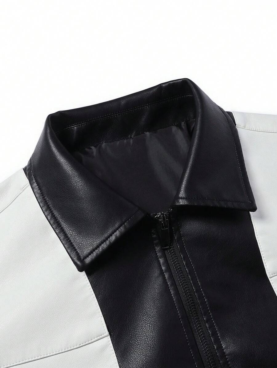 Men's Fashion Casual Color Blocking Zipper Stand Collar PU Leather Jacket, Fall/Winter