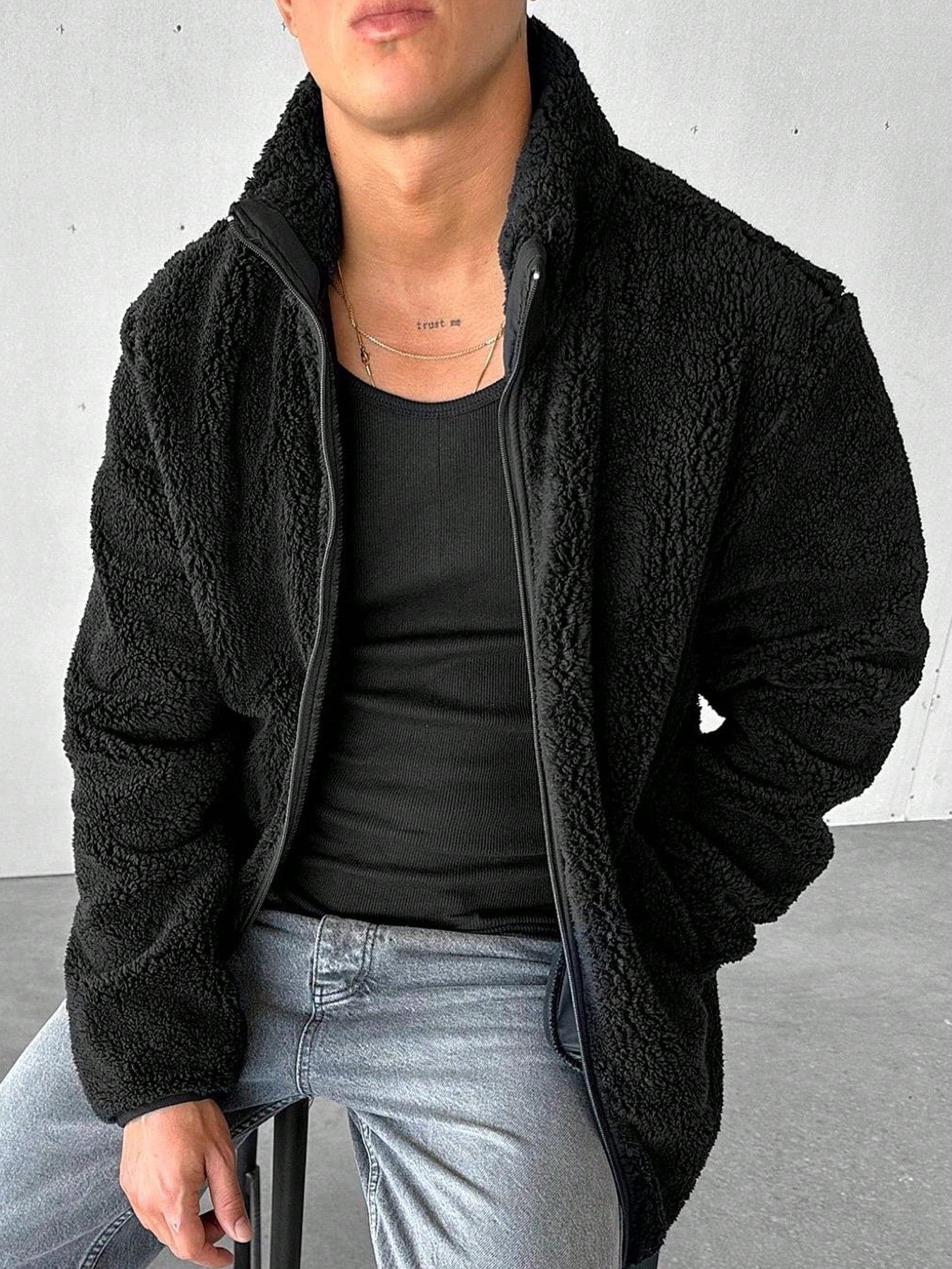 Men's Old Money Standing Collar Thickened Jacket , Fall Winter, Grunge, Fleece-Lined Jacket