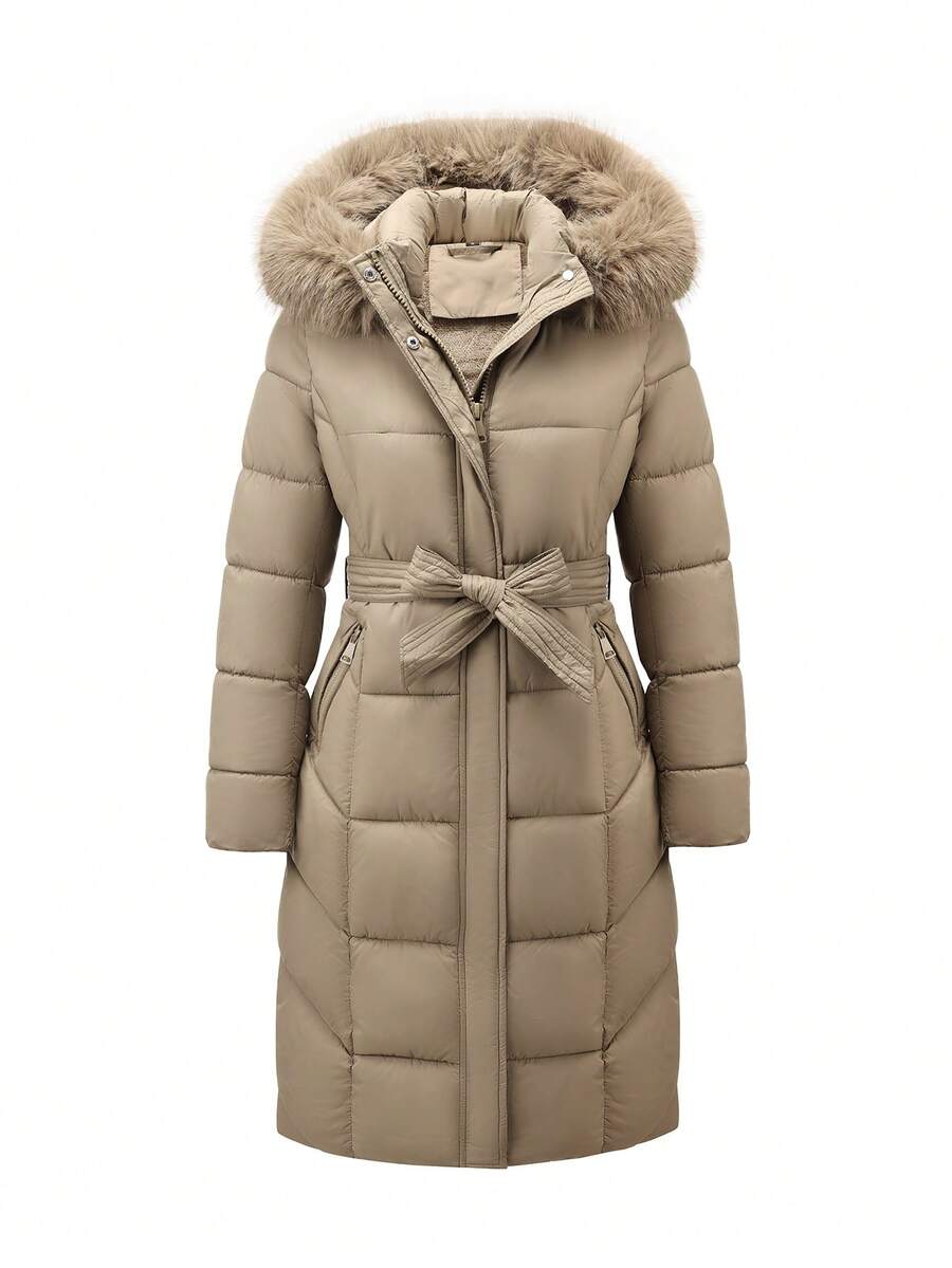 Risissida Women's Casual Hooded Jacket With Pockets, Lightweight Faux Fur Lined Quilted Trench Coat, Fall Daily Wear Winter Coat