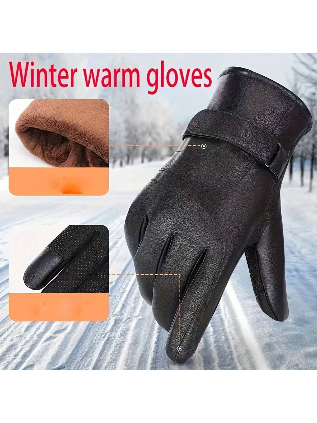 1 Pair Of High-Quality Artificial Leather Winter Warm Gloves, Sensitive Touch Screen, Fleece For Warmth, Windproof And Waterproof, Anti-Slip And Wear-Resistant, Lightweight And Easy To Carry, Suitable For Both Men And Women, Suitable For Cold Weather Pro