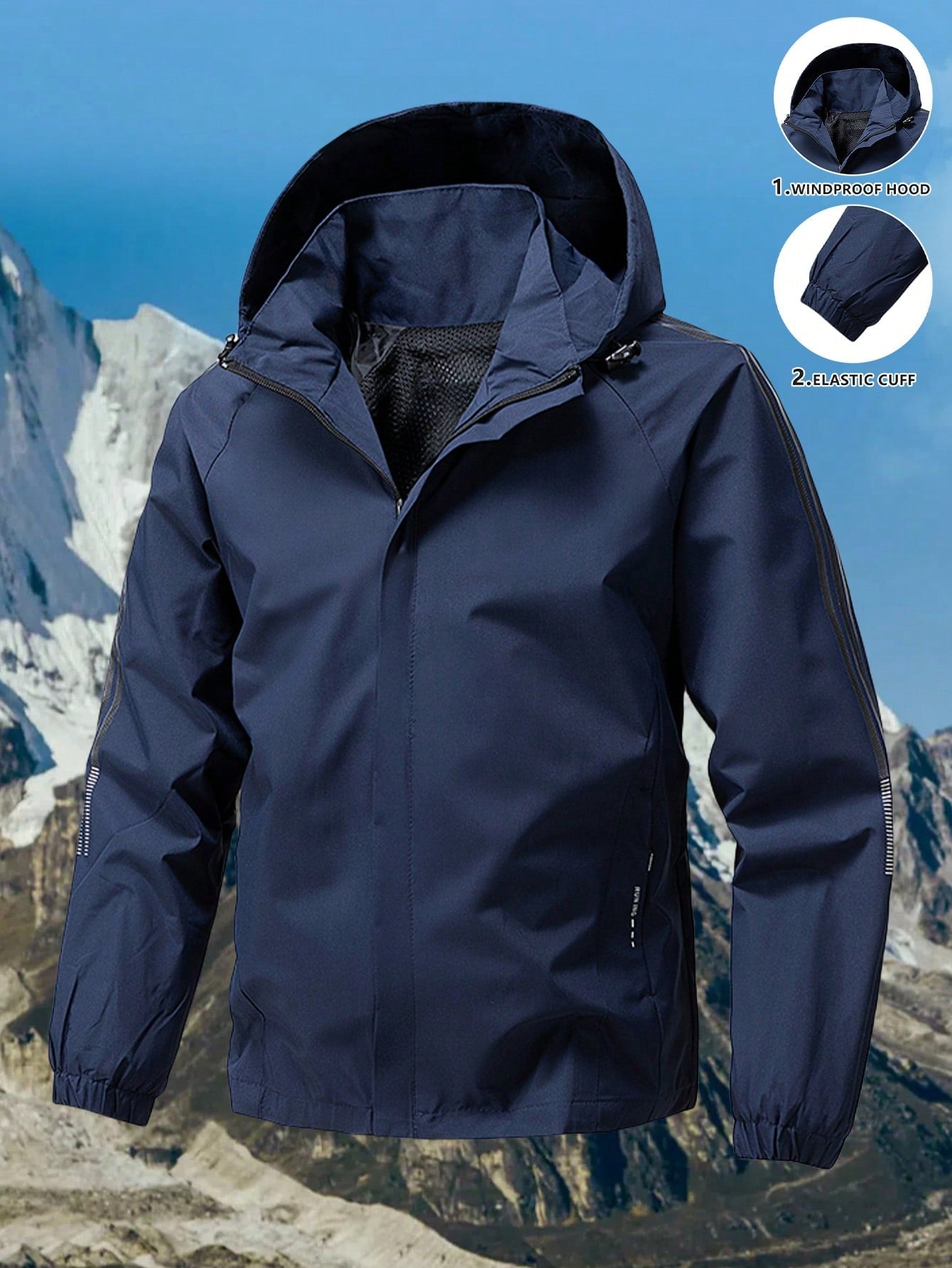 Men's Spring/Autumn Windbreaker Jacket, Hooded, 3-Stripe, Outdoor Sport Water-Resistant Casual Coat