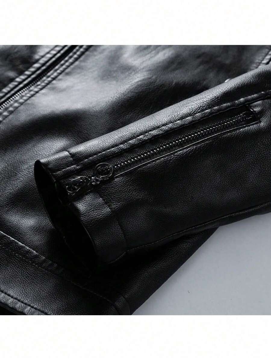 Men's Zipper Closure Long Sleeve Fitted Casual PU Leather Biker Jacket