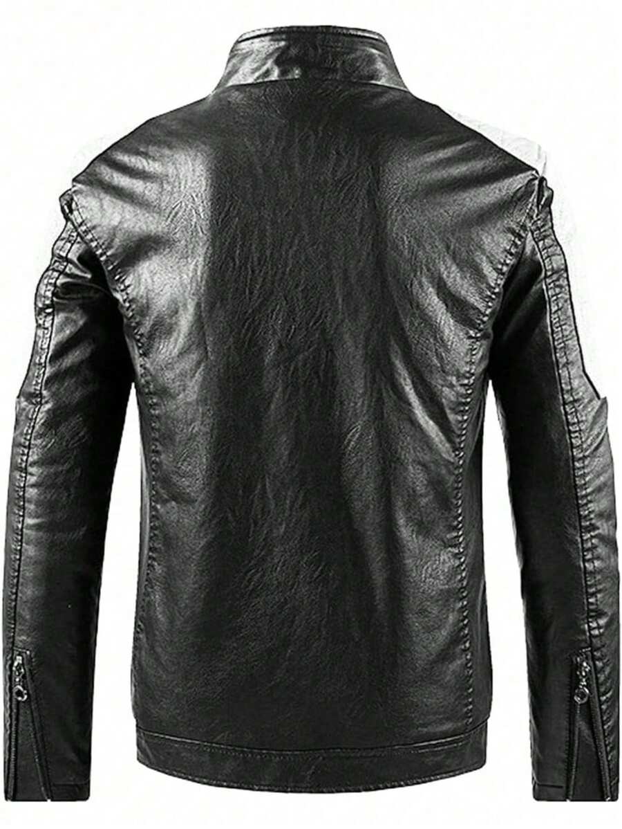 Men's Zipper Closure Long Sleeve Fitted Casual PU Leather Biker Jacket