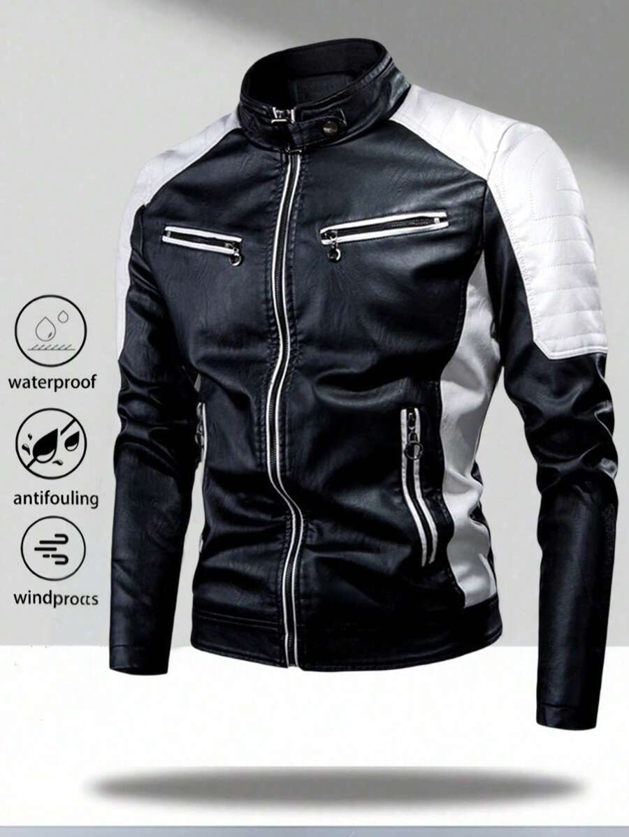 Men's Zipper Closure Long Sleeve Fitted Casual PU Leather Biker Jacket