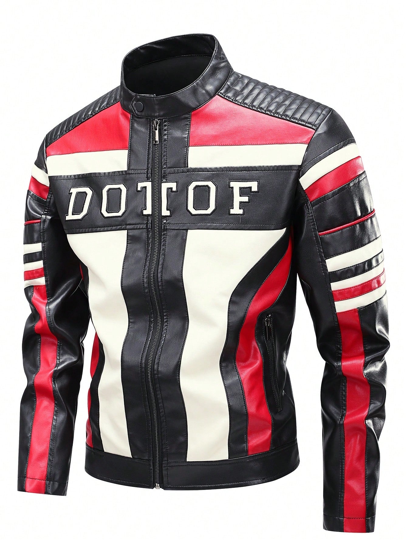 Men's Colorblock Embroidered Leather Jacket, Motorcycle Style Versatile Bomber, Grunge, Fall/Winter
