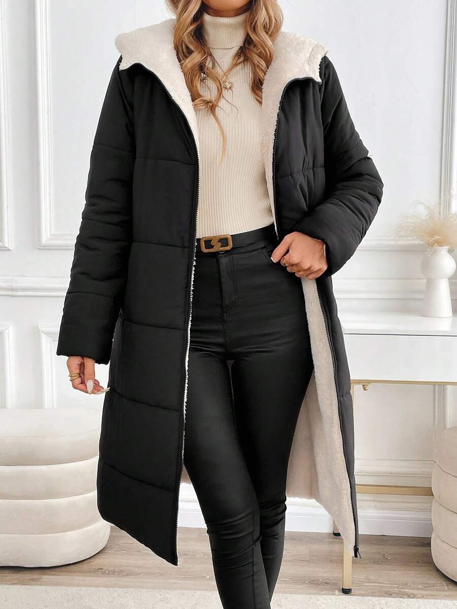 SHEIN Clasi Women Zip Up Hooded Teddy Lined Quilted Coat In Fall/Winter