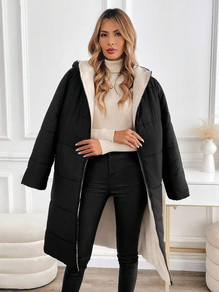 SHEIN Clasi Women Zip Up Hooded Teddy Lined Quilted Coat In Fall/Winter