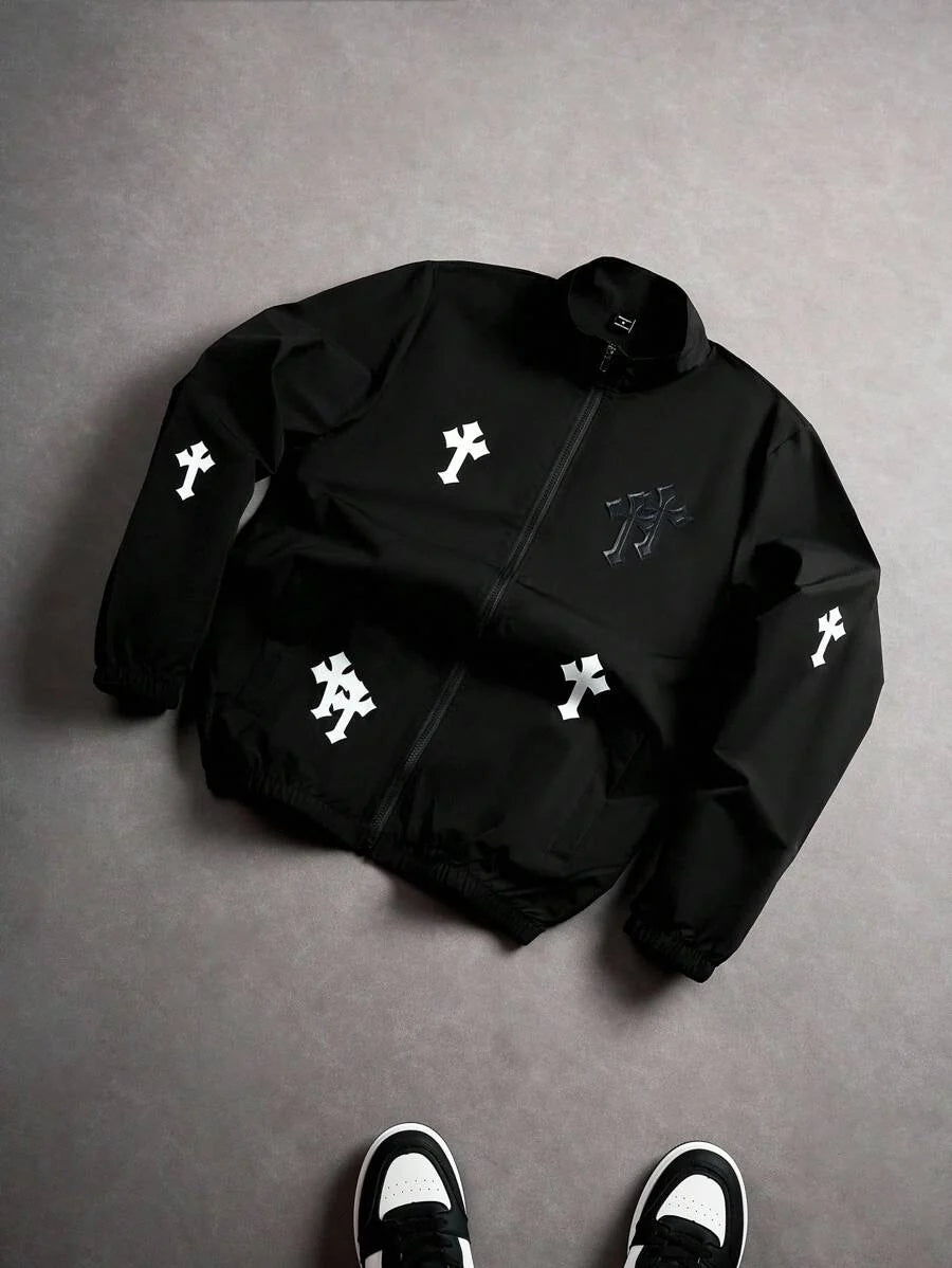 PAVTROS Manfinity Streetrush Men's Casual Zip-Up Contrast Color Block Stand Collar Outdoor Windbreaker Jacket, Cross Graphic Design, Suitable For Daily Wear, Outings, Sports, School, Parties, Music Festivals Streetwear Y2k , Fall