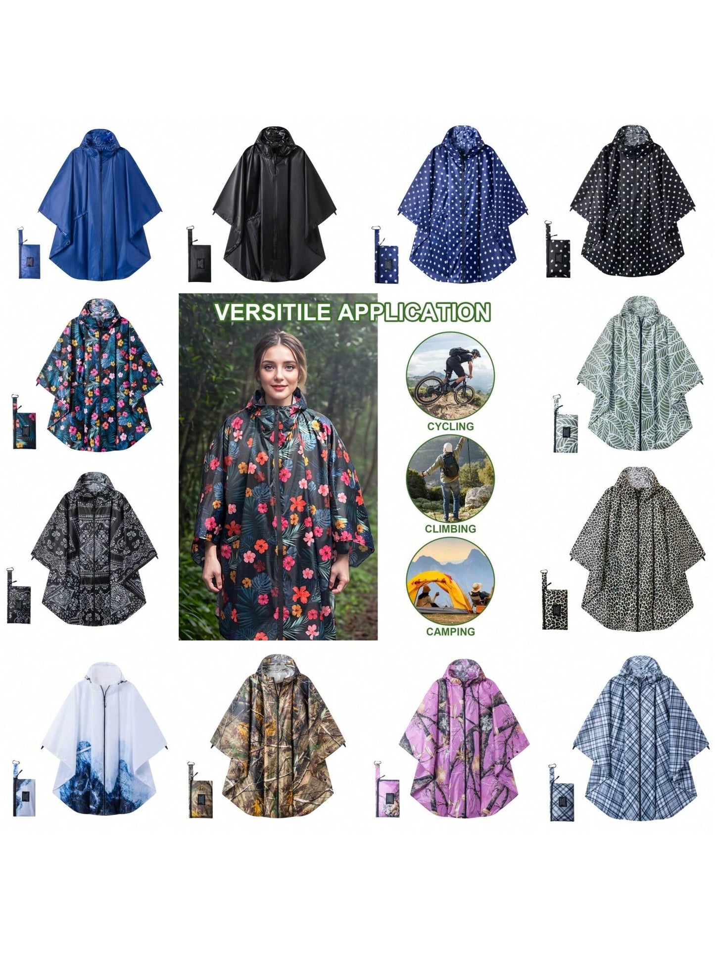 Portable Rain Poncho With Zipper, Lightweight Hooded Raincoat With Pockets, Waterproof Rain Jacket With Multi-Color For Adult Outdoor Activities