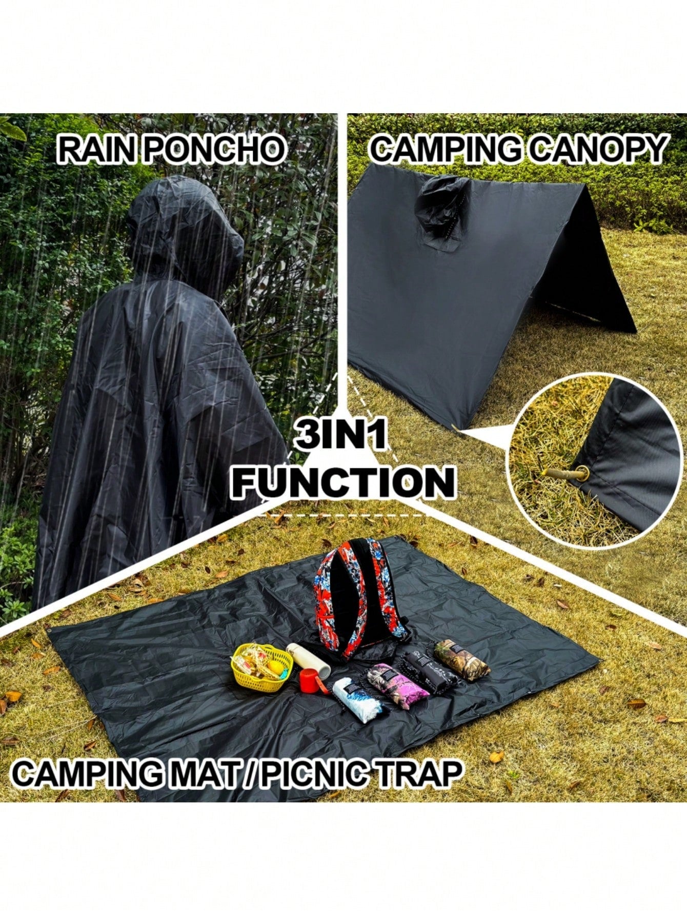 3-In-1 Multifunctional Hooded Rain Poncho With Snap Buckle, Lightweight Waterproof Raincoat And Rain Jacket With Pockets For Men And Women Adult Outdoor Activities