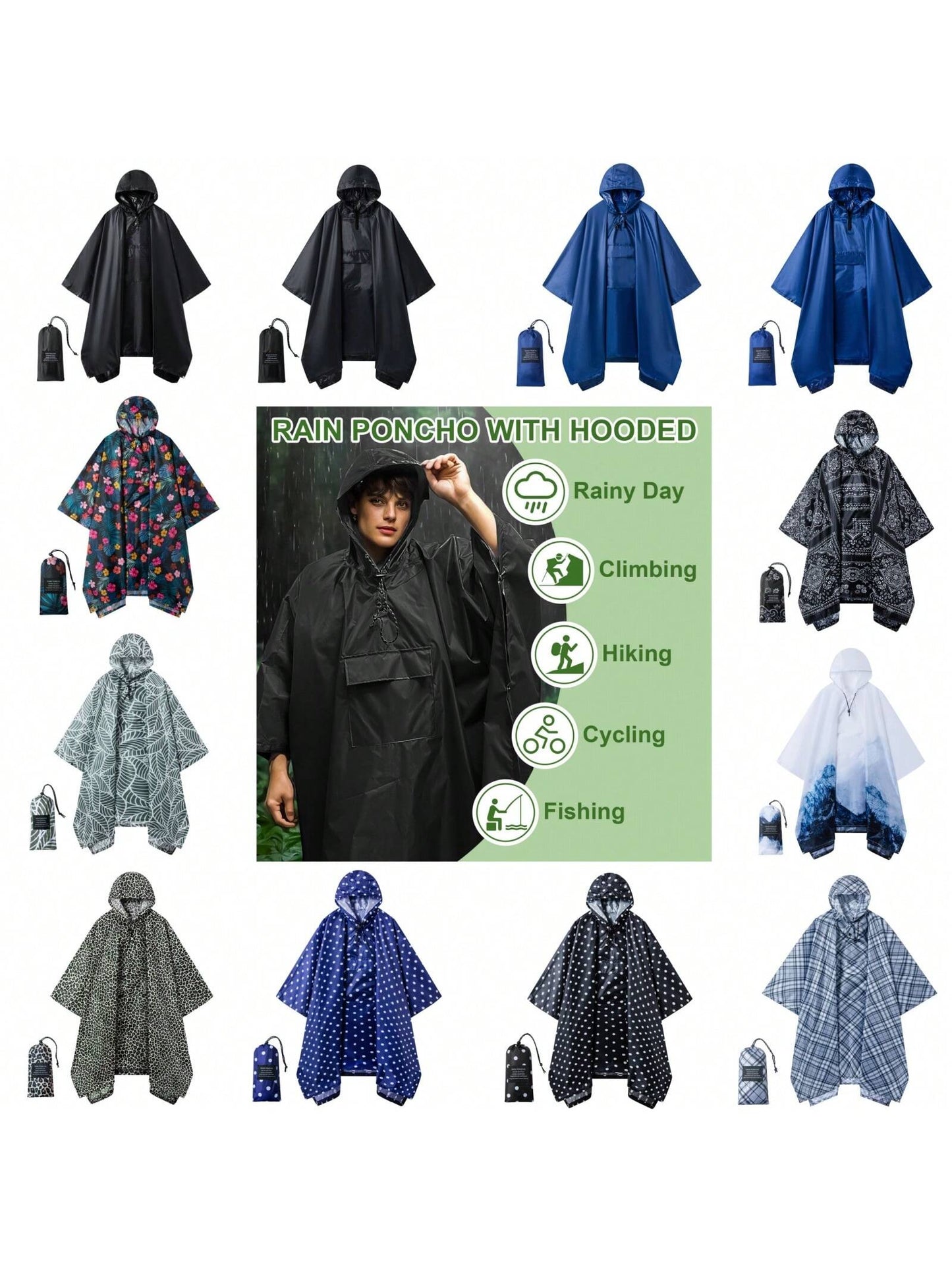 3-In-1 Multifunctional Hooded Rain Poncho With Snap Buckle, Lightweight Waterproof Raincoat And Rain Jacket With Pockets For Men And Women Adult Outdoor Activities