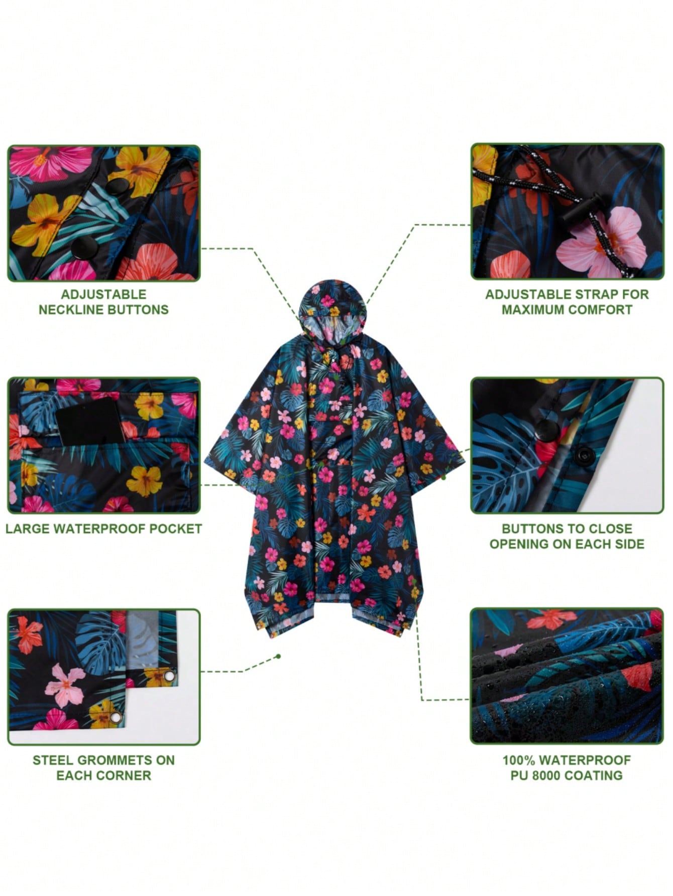 3-In-1 Multifunctional Hooded Rain Poncho With Snap Buckle, Lightweight Waterproof Raincoat And Rain Jacket With Pockets For Men And Women Adult Outdoor Activities