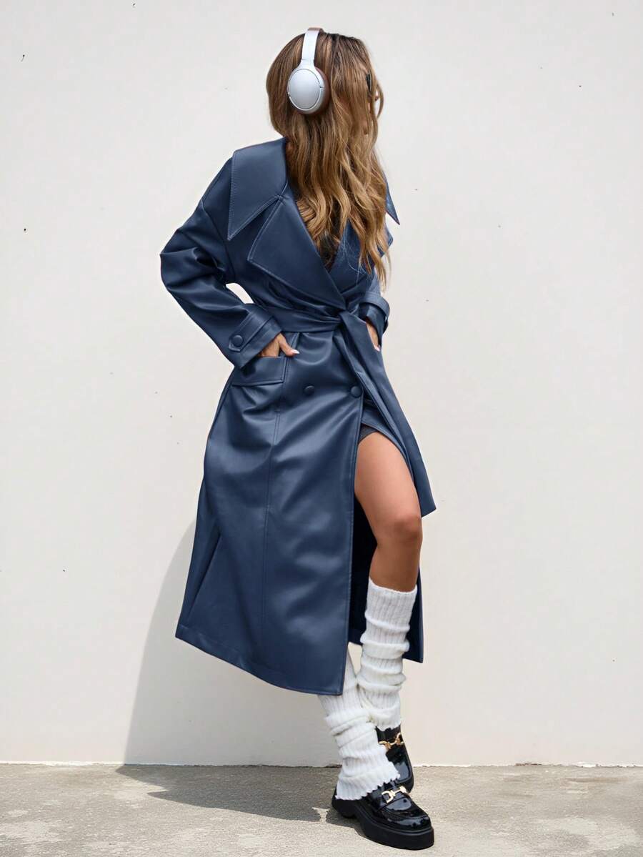 Aveloria Affinna Women's High Quality Burgundy PU Leather French Style Turndown Collar Long Sleeve Jacket, Fashion Streetwear, Autumn Fall Cloth For Women