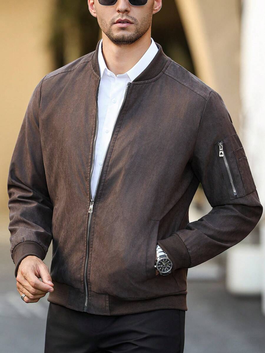 Manfinity EMRG Men's Solid Color Zipper Fashion Versatile Outdoor Windbreaker Jacket Black Bomber