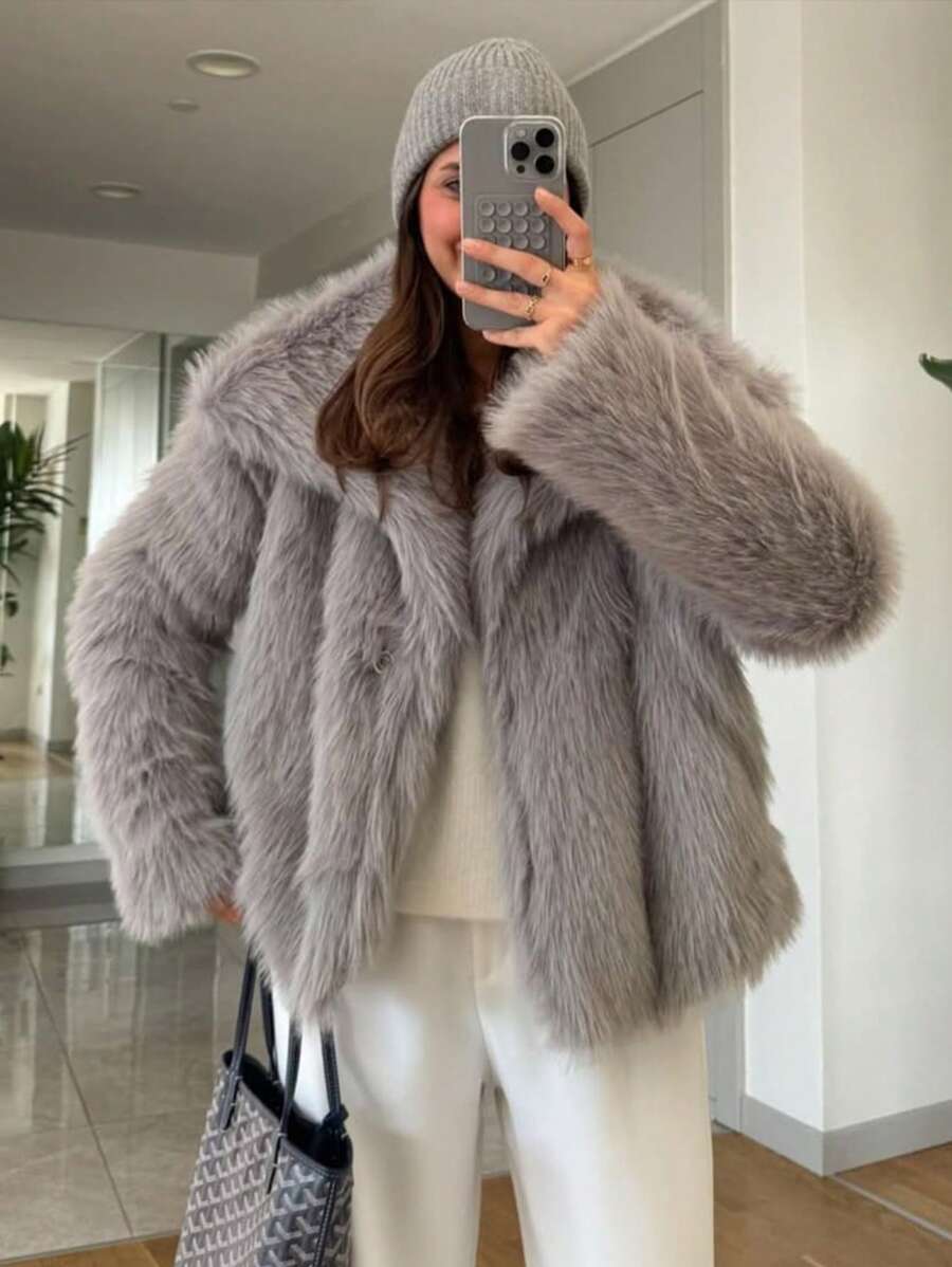 HH Faux Fur Jacket For Women Elegant Solid Lapel Long Sleeve Coat Casual Loose Female Winter Oversize Lady Chic Streetwear Jakcets