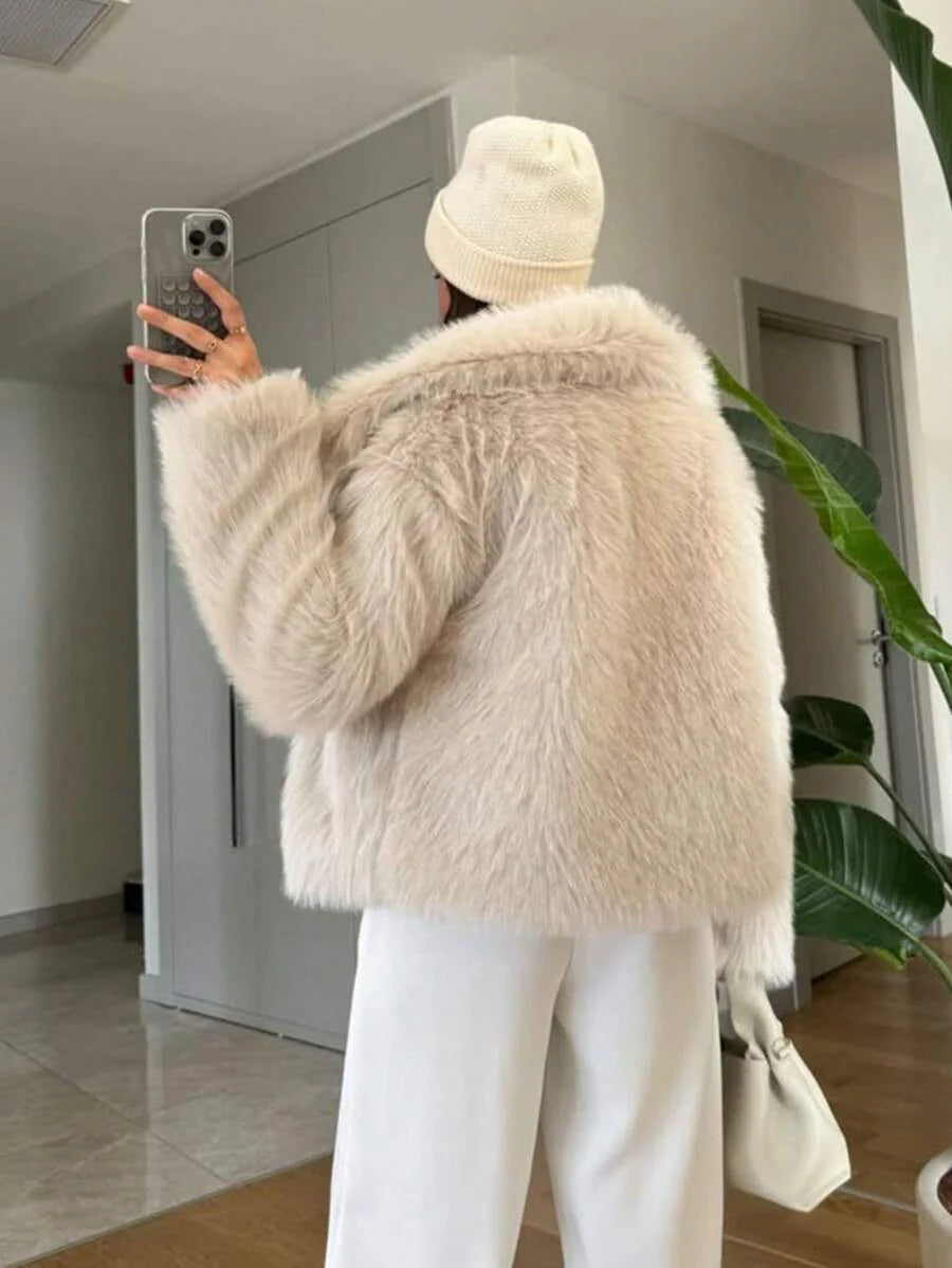 HH Faux Fur Jacket For Women Elegant Solid Lapel Long Sleeve Coat Casual Loose Female Winter Oversize Lady Chic Streetwear Jakcets