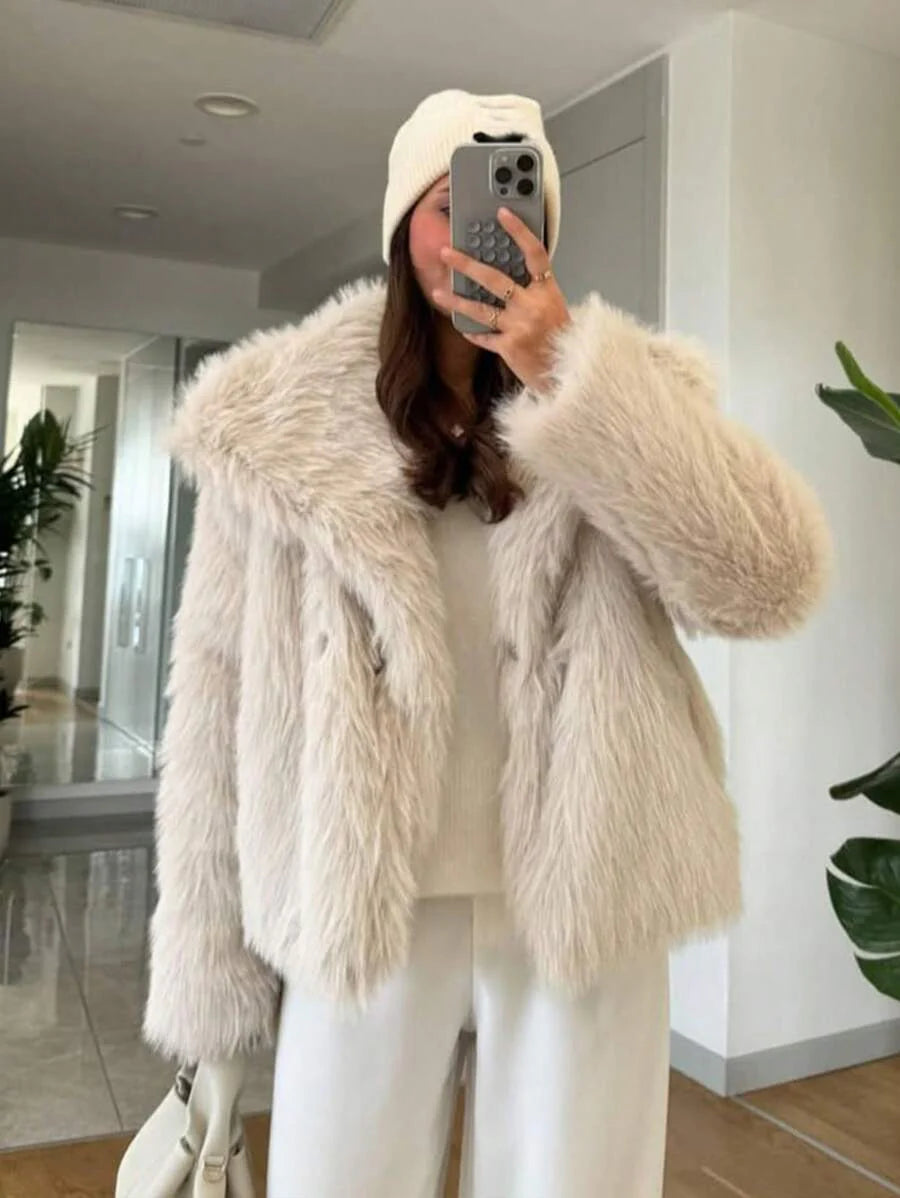 HH Faux Fur Jacket For Women Elegant Solid Lapel Long Sleeve Coat Casual Loose Female Winter Oversize Lady Chic Streetwear Jakcets