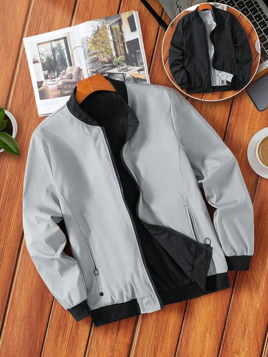 Manfinity EMRG Men's Solid Color Zipper Fashion Versatile Outdoor Windbreaker Jacket Black Bomber