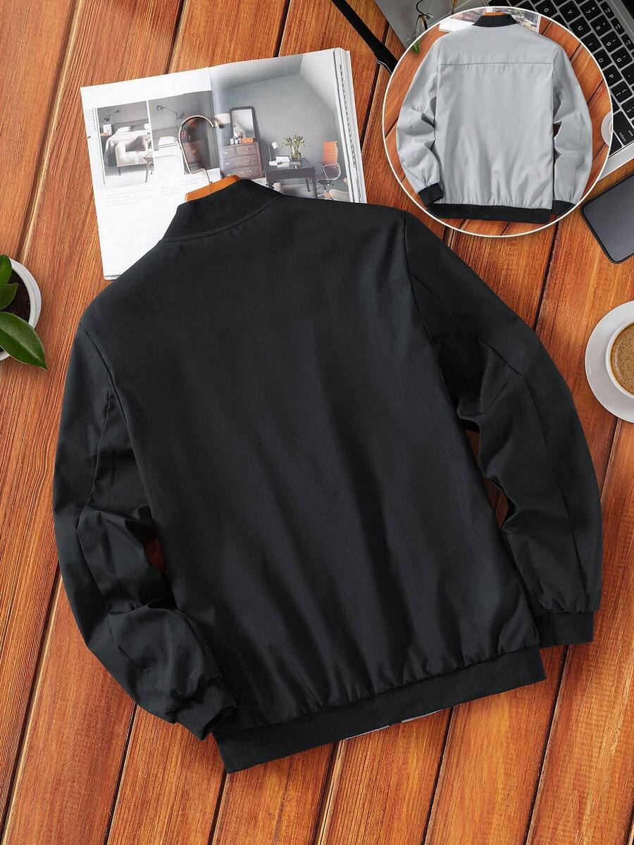 Manfinity EMRG Men's Solid Color Zipper Fashion Versatile Outdoor Windbreaker Jacket Black Bomber