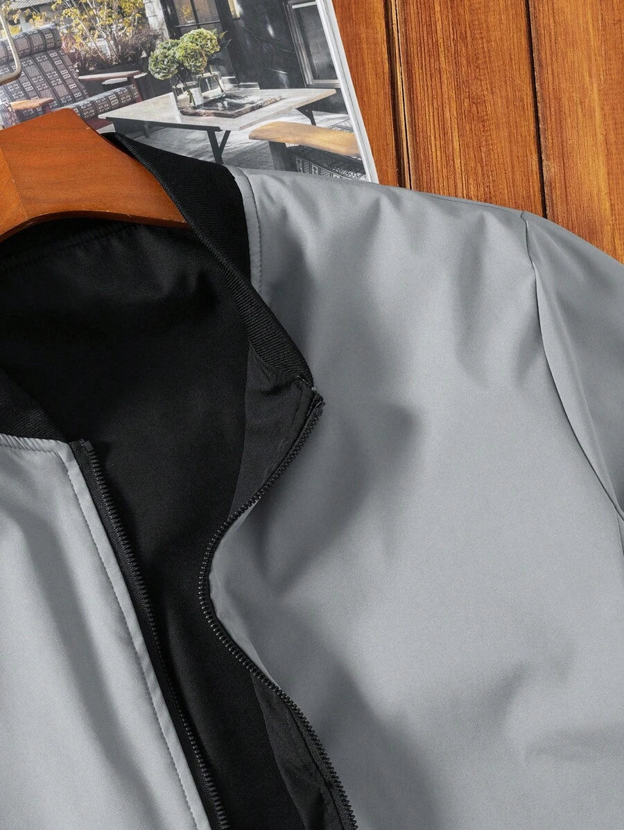 Manfinity EMRG Men's Solid Color Zipper Fashion Versatile Outdoor Windbreaker Jacket Black Bomber