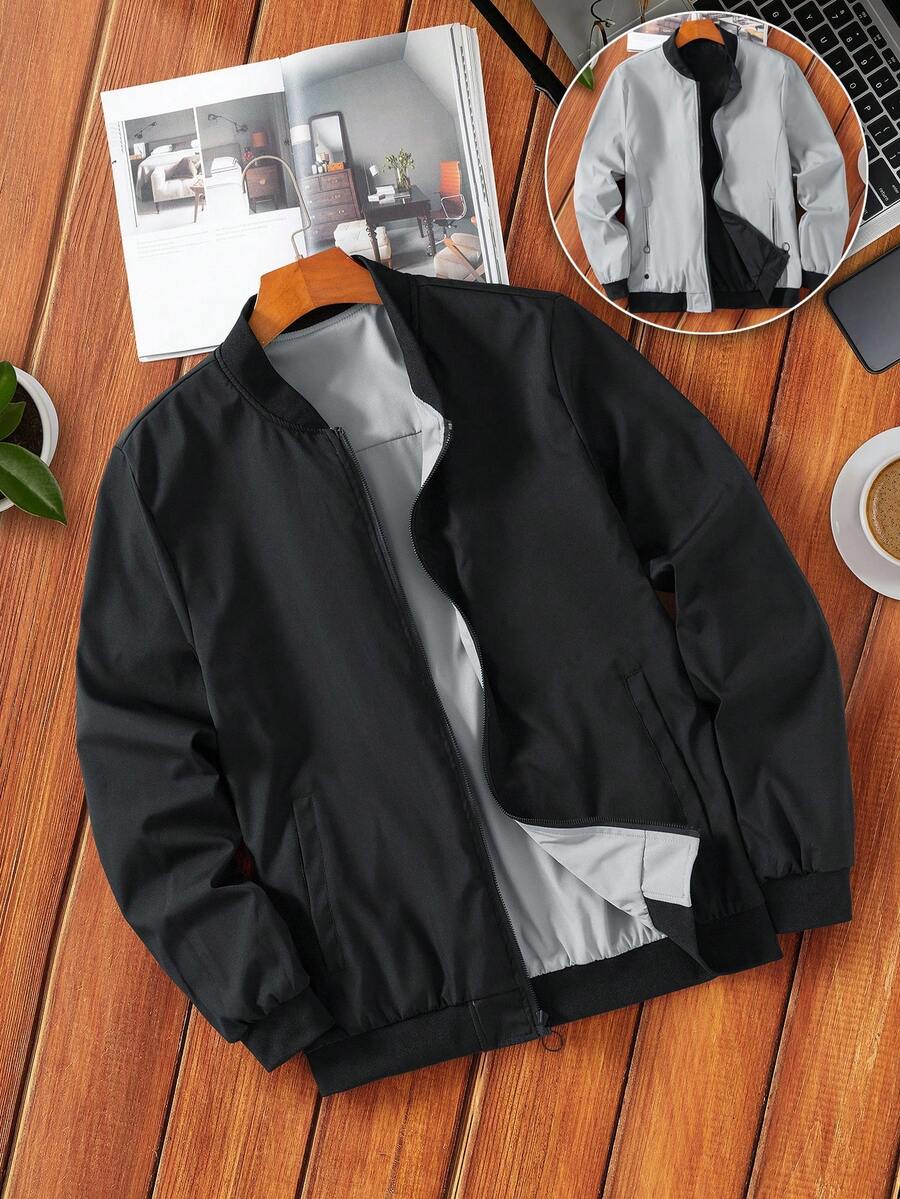 Manfinity EMRG Men's Solid Color Zipper Fashion Versatile Outdoor Windbreaker Jacket Black Bomber