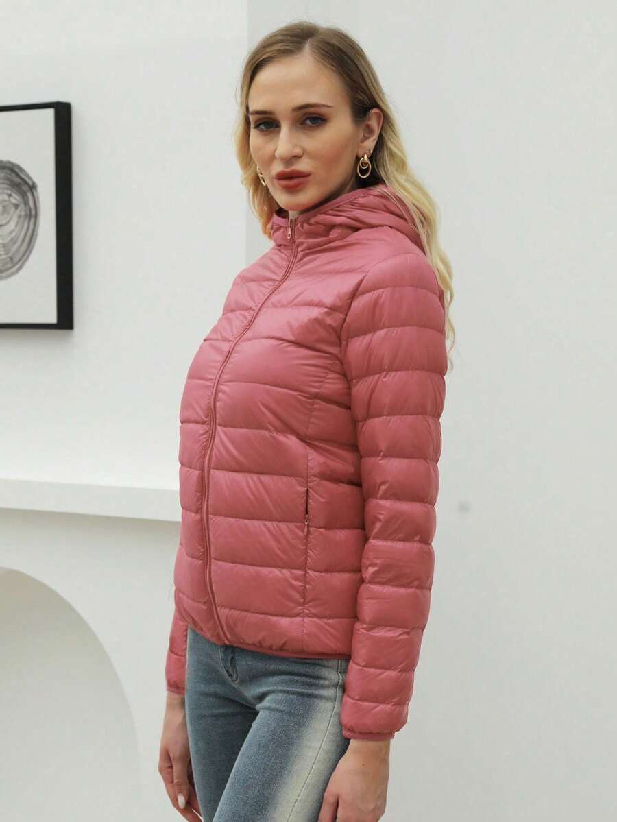 ZIAI Women Long Sleeve Hooded Down Coat Regular Length Warm Filled Jacket With Pockets And Zipper