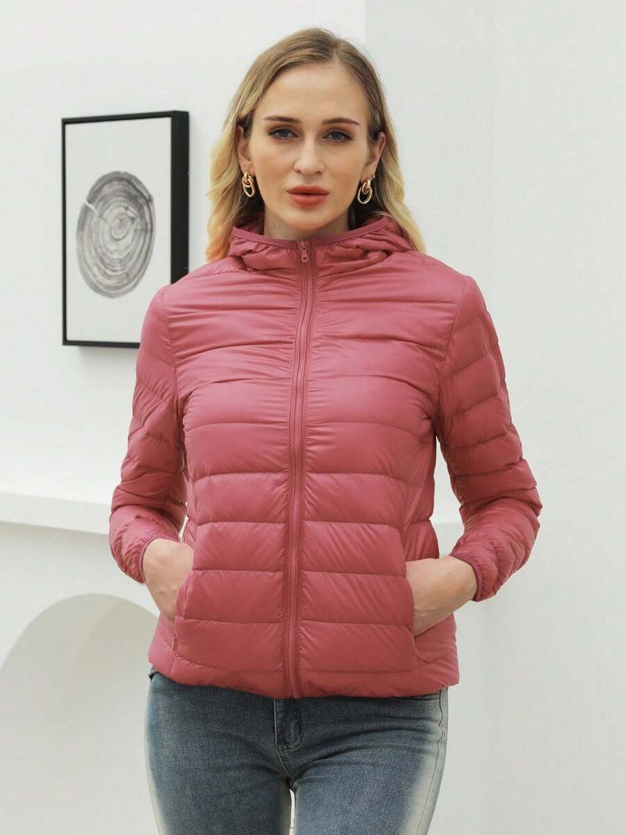 ZIAI Women Long Sleeve Hooded Down Coat Regular Length Warm Filled Jacket With Pockets And Zipper