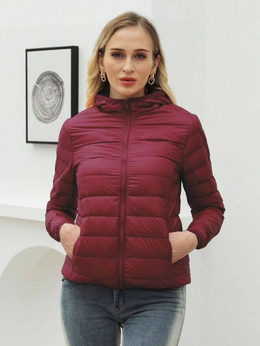 ZIAI Women Long Sleeve Hooded Down Coat Regular Length Warm Filled Jacket With Pockets And Zipper