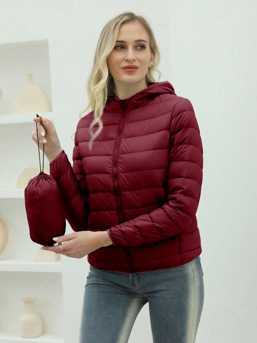 ZIAI Women Long Sleeve Hooded Down Coat Regular Length Warm Filled Jacket With Pockets And Zipper