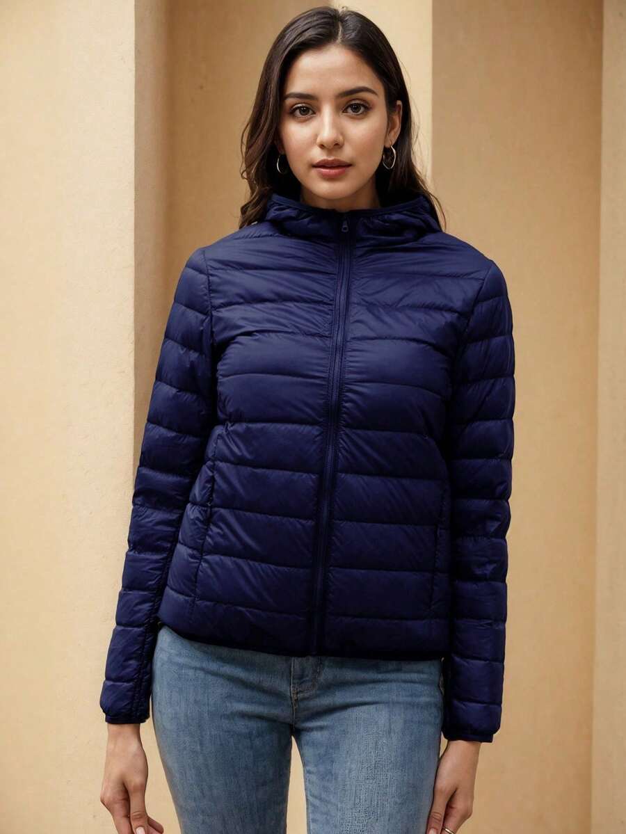 ZIAI Women Long Sleeve Hooded Down Coat Regular Length Warm Filled Jacket With Pockets And Zipper