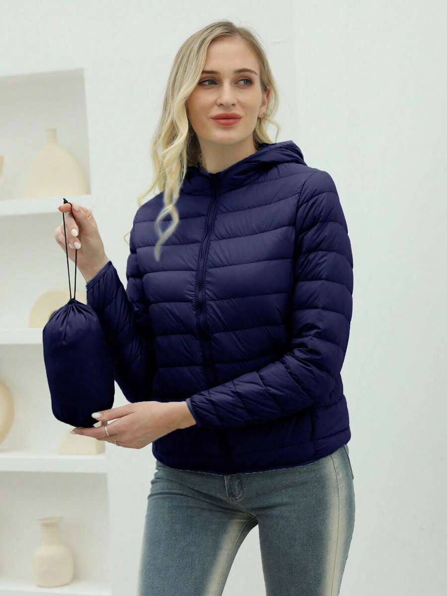 ZIAI Women Long Sleeve Hooded Down Coat Regular Length Warm Filled Jacket With Pockets And Zipper
