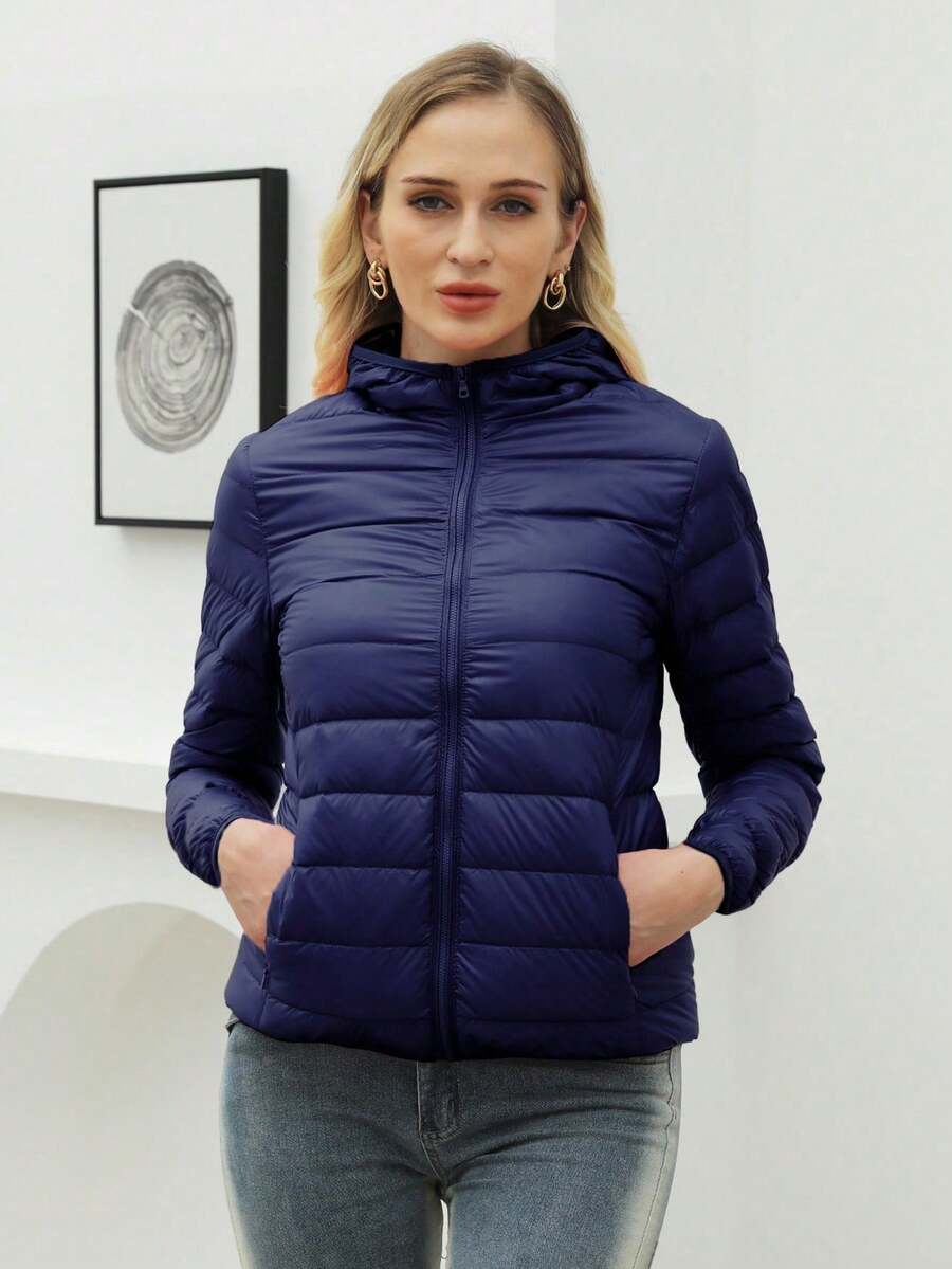 ZIAI Women Long Sleeve Hooded Down Coat Regular Length Warm Filled Jacket With Pockets And Zipper