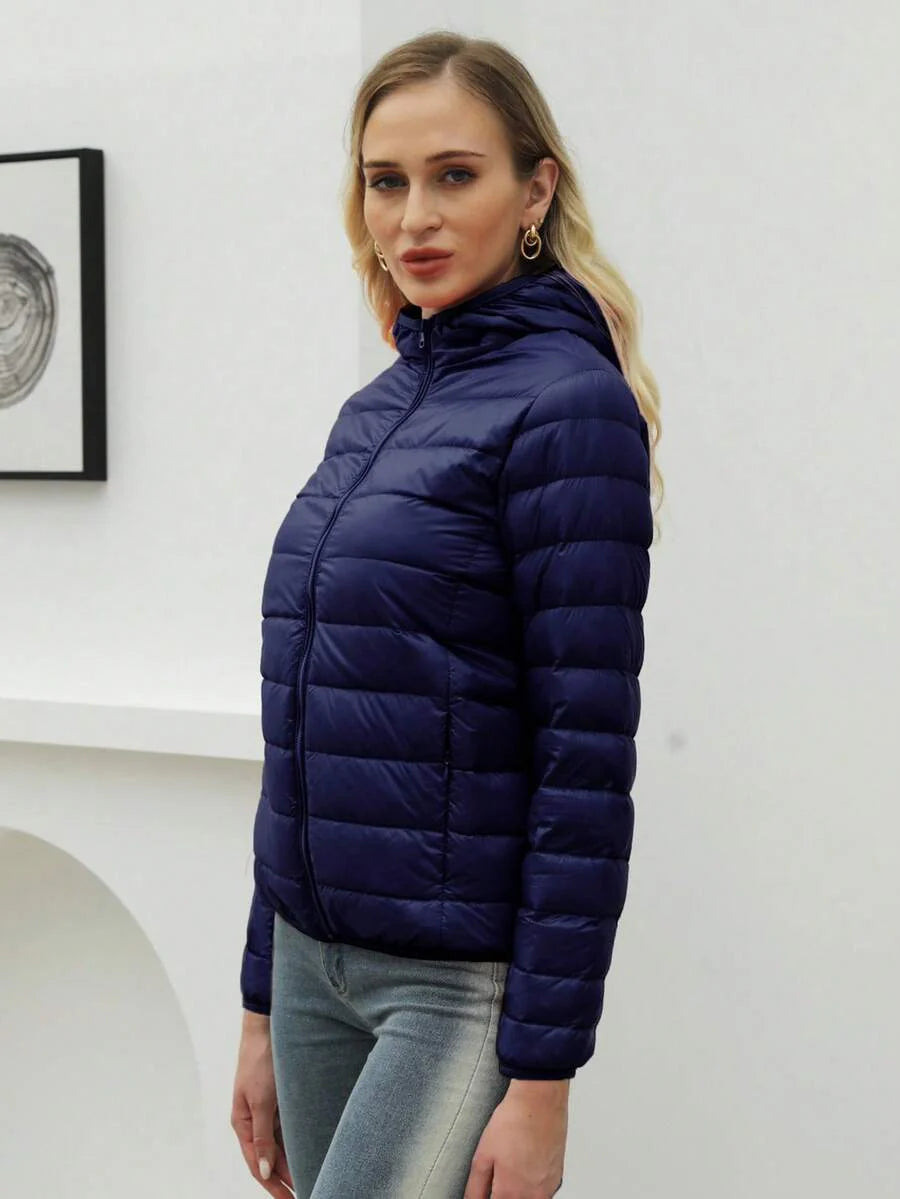 ZIAI Women Long Sleeve Hooded Down Coat Regular Length Warm Filled Jacket With Pockets And Zipper