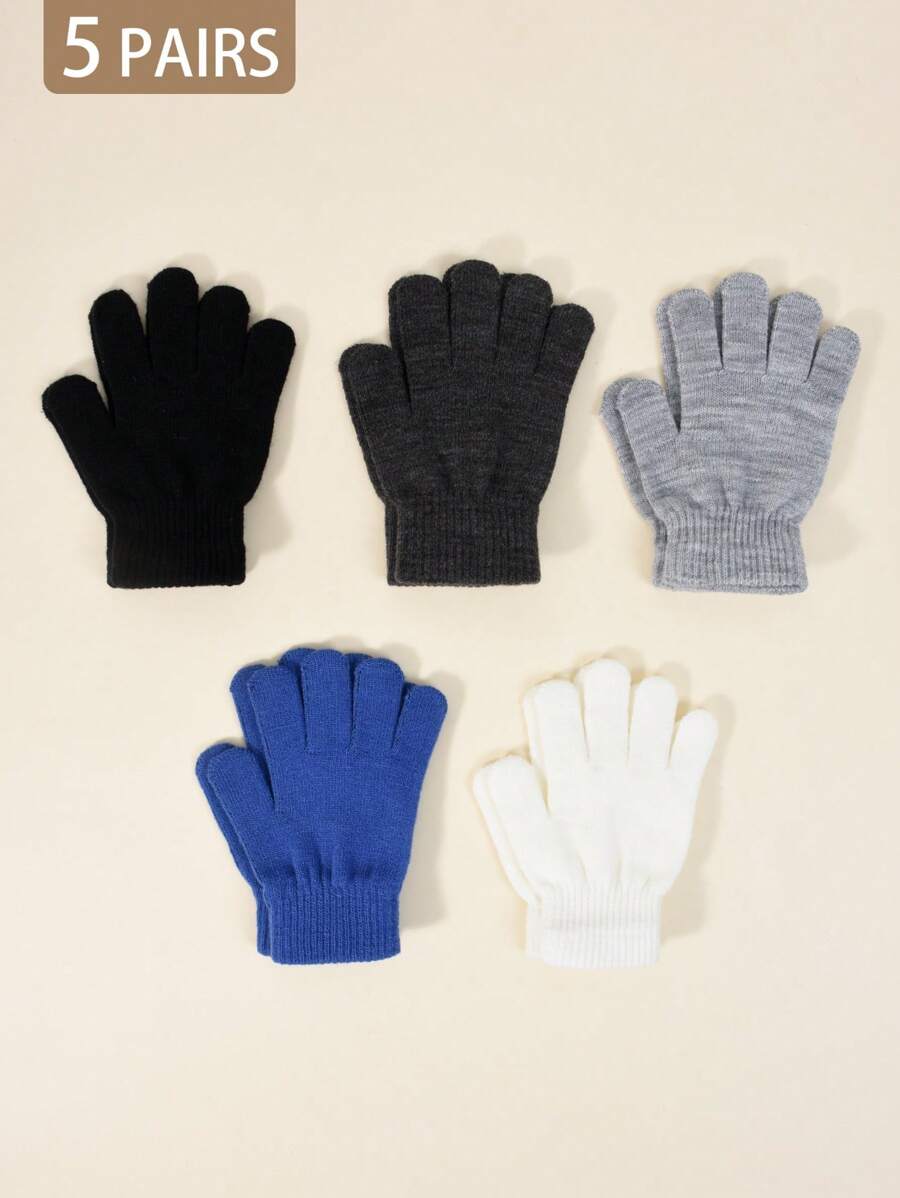 5 Pairs Kids Autumn/Winter Elastic Knitted Warm Gloves, Multiple Colors