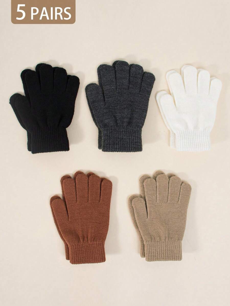 5 Pairs Kids Autumn/Winter Elastic Knitted Warm Gloves, Multiple Colors
