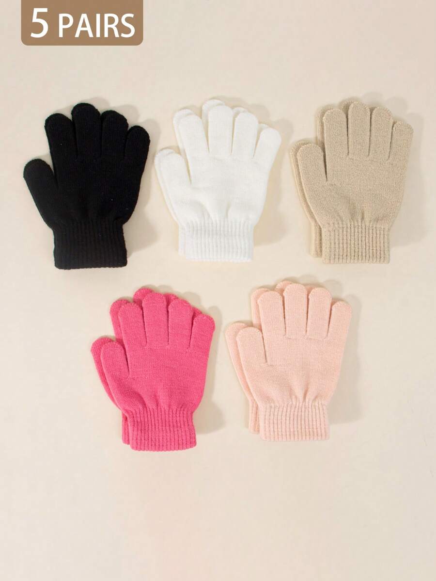 5 Pairs Kids Autumn/Winter Elastic Knitted Warm Gloves, Multiple Colors