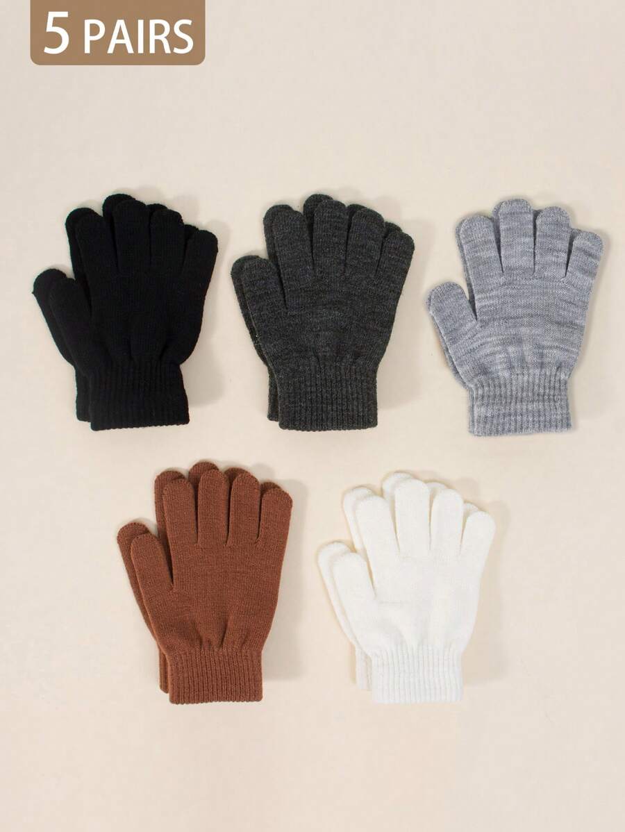 5 Pairs Kids Autumn/Winter Elastic Knitted Warm Gloves, Multiple Colors