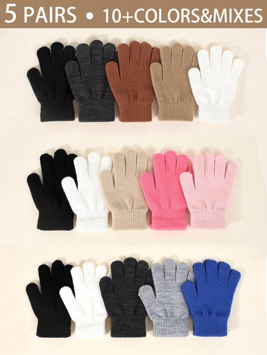 5 Pairs Kids Autumn/Winter Elastic Knitted Warm Gloves, Multiple Colors