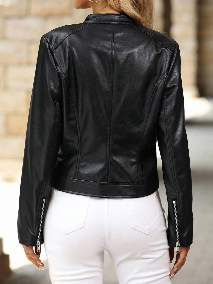 Editum Slim Fit Zip-Up Fleece Jacket With Lining, Black High Collar Casual Street Style Long Sleeve Women's Jacket For Autumn/Winter Black Jacket Women Cropped Jacket Black Crop Jacket Jackets For Women Casual Black Blazer Women,Cozy Fall And Winter Clot