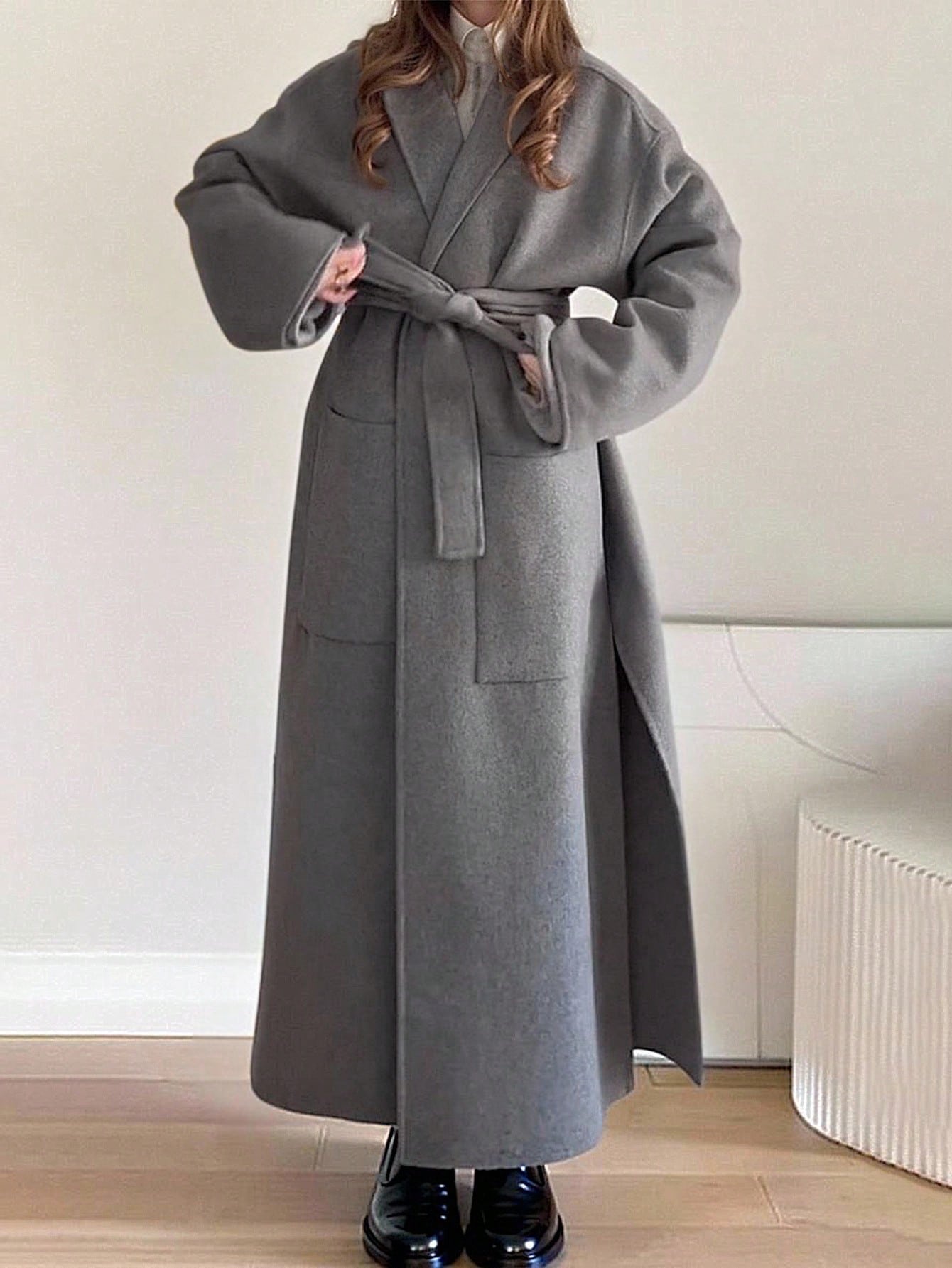 INAWLY Women's Solid Color Drop Shoulder Long Sleeve Dual Pocket Long Regular Jacket  Long Trench Coat