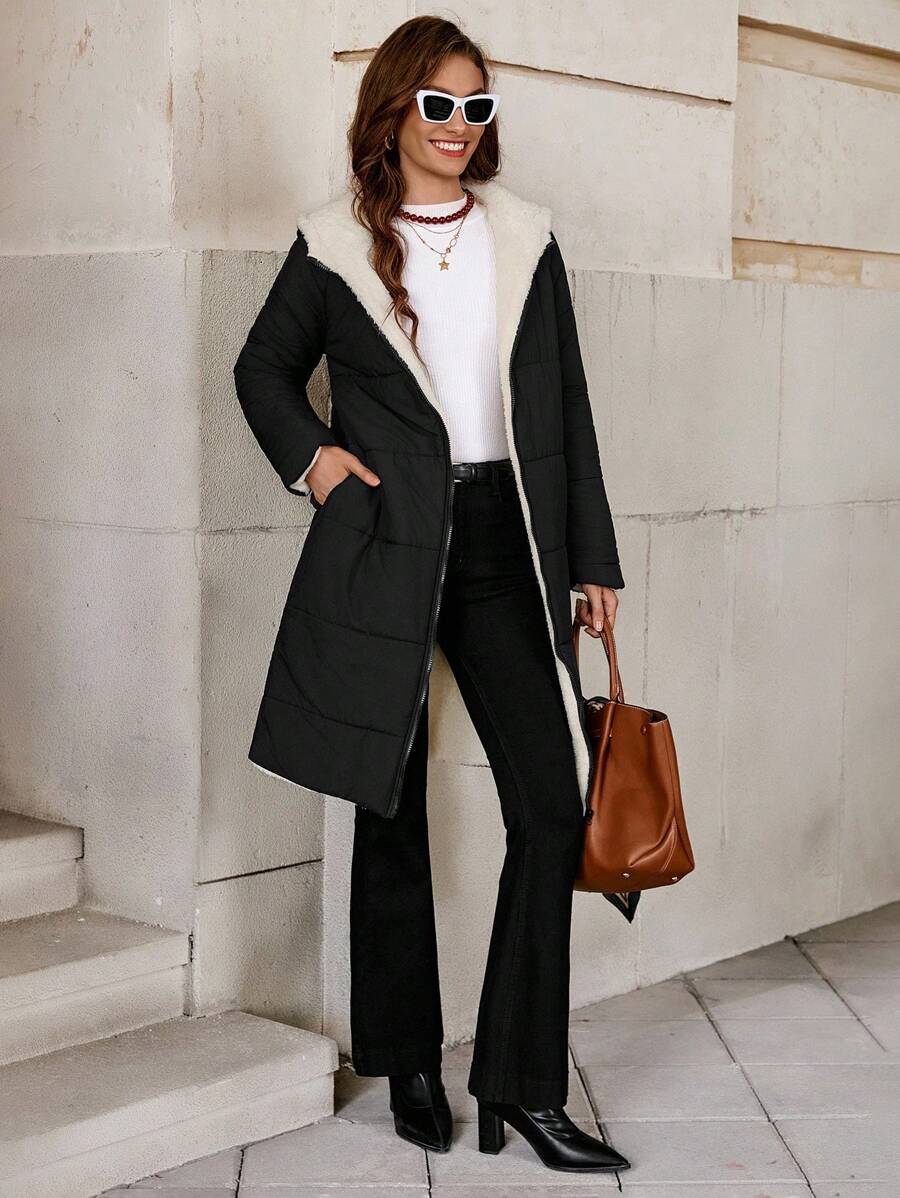 SHEIN Clasi Women Zip Up Hooded Teddy Lined Quilted Coat In Fall/Winter