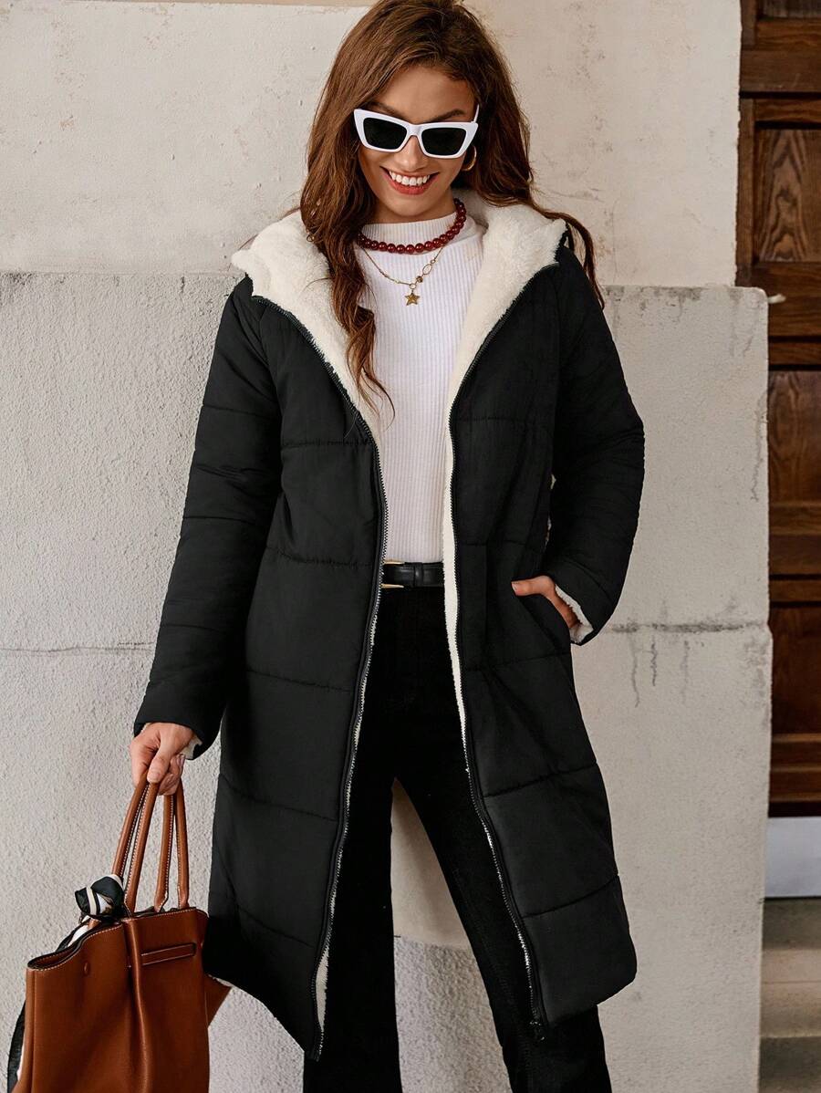 SHEIN Clasi Women Zip Up Hooded Teddy Lined Quilted Coat In Fall/Winter