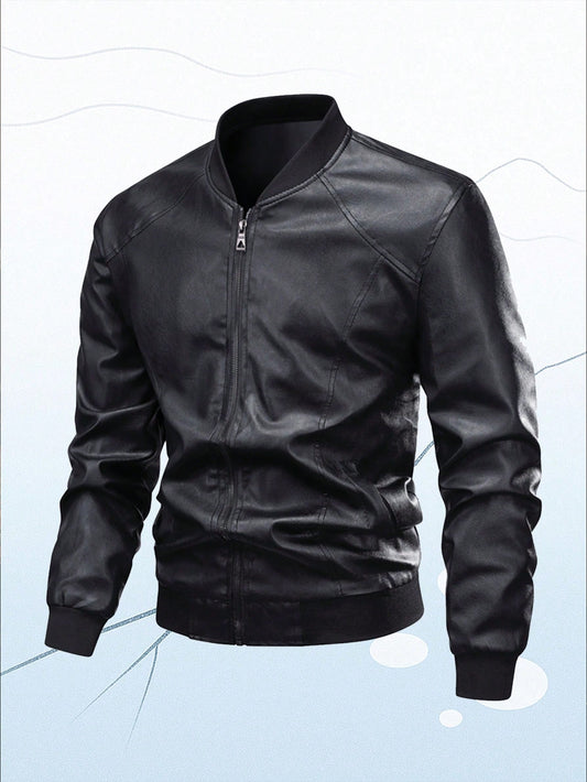 1pc Men's Black Fitted Leather Jacket,Motorcycle Style,Fashionable Urban Men Leather Jacket, Gifts For Husband,Boyfriend,Autumn/Winter