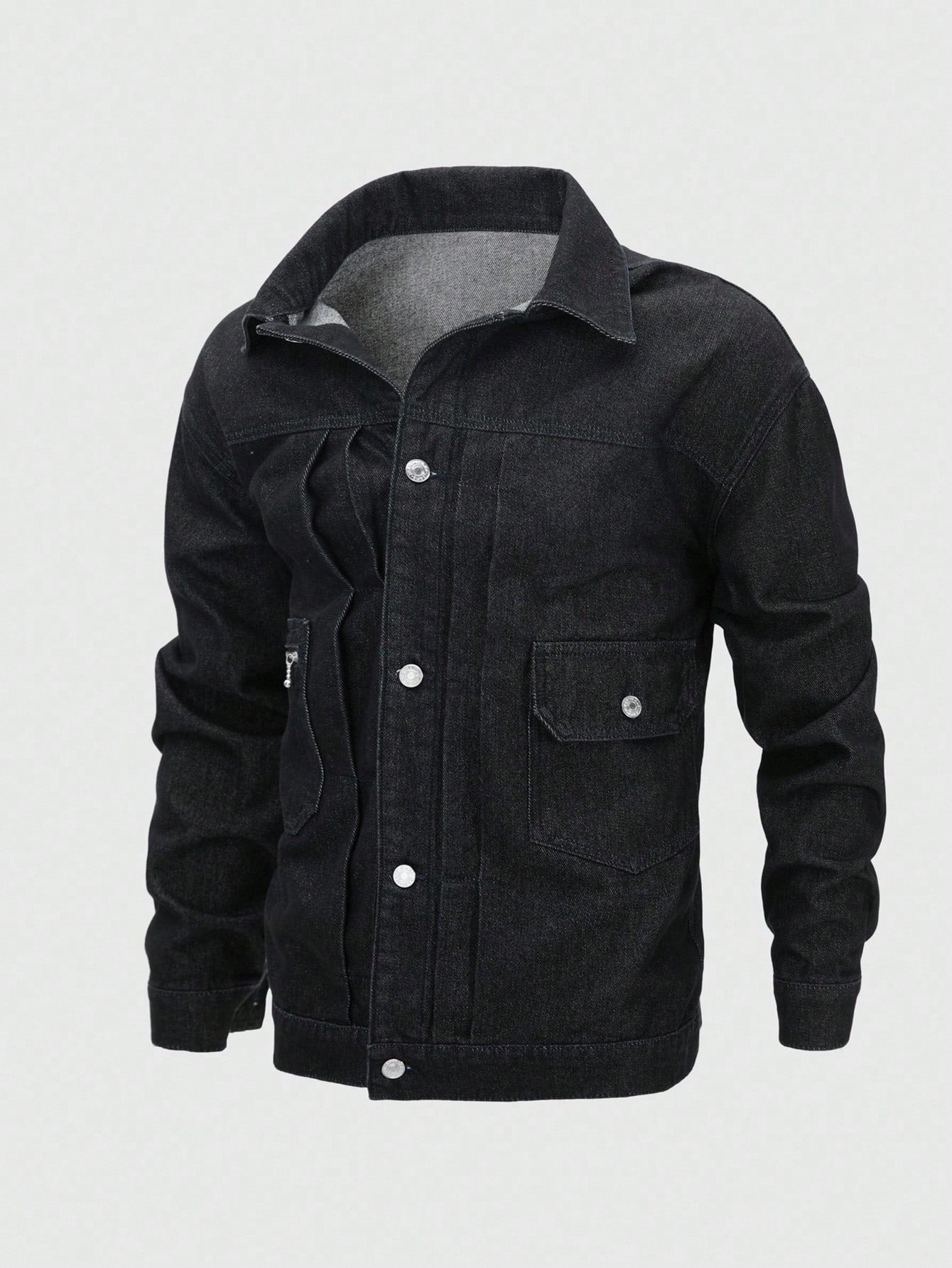 Manfinity Homme Men's Vintage Black Short Denim Jacket, American Style, Autumn/Spring