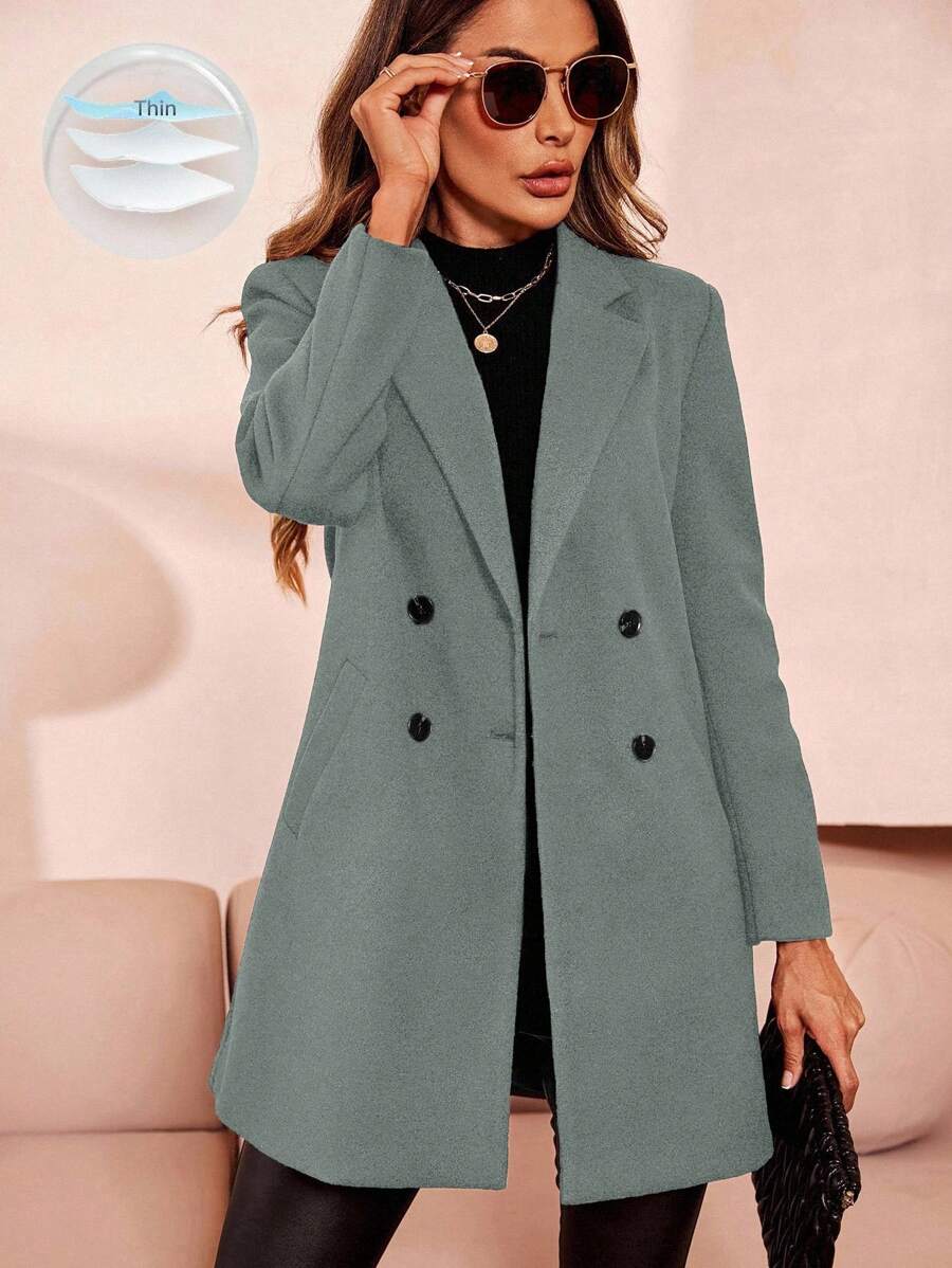 Clasi Women's Solid Color Double-Breasted Long Sleeve Woolen Windbreaker, Fashionable For Autumn/Winter