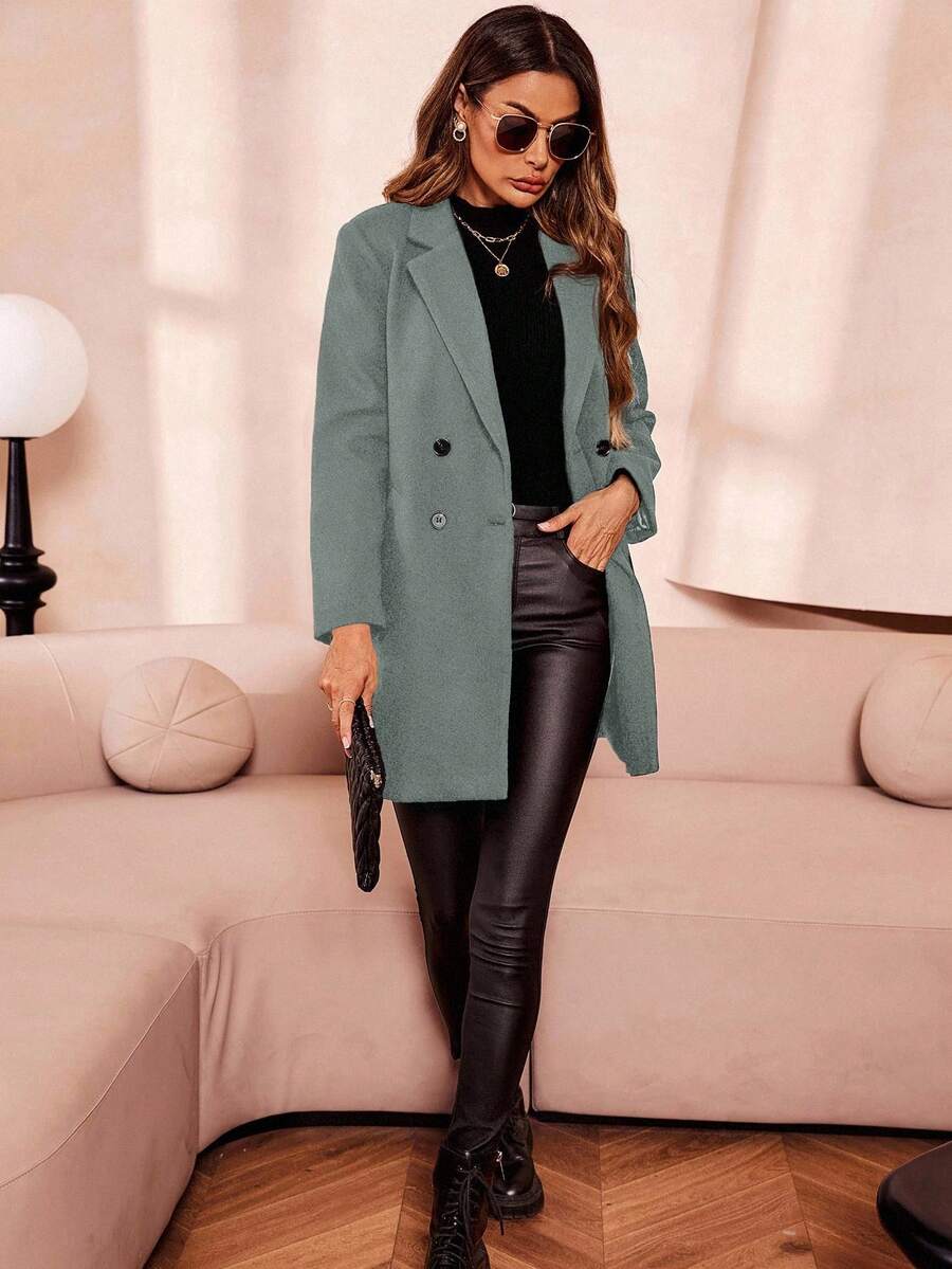 Clasi Women's Solid Color Double-Breasted Long Sleeve Woolen Windbreaker, Fashionable For Autumn/Winter