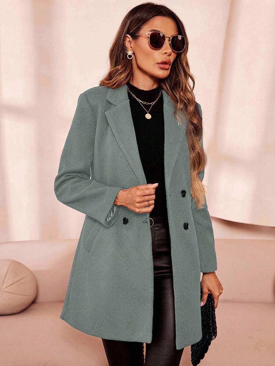 Clasi Women's Solid Color Double-Breasted Long Sleeve Woolen Windbreaker, Fashionable For Autumn/Winter