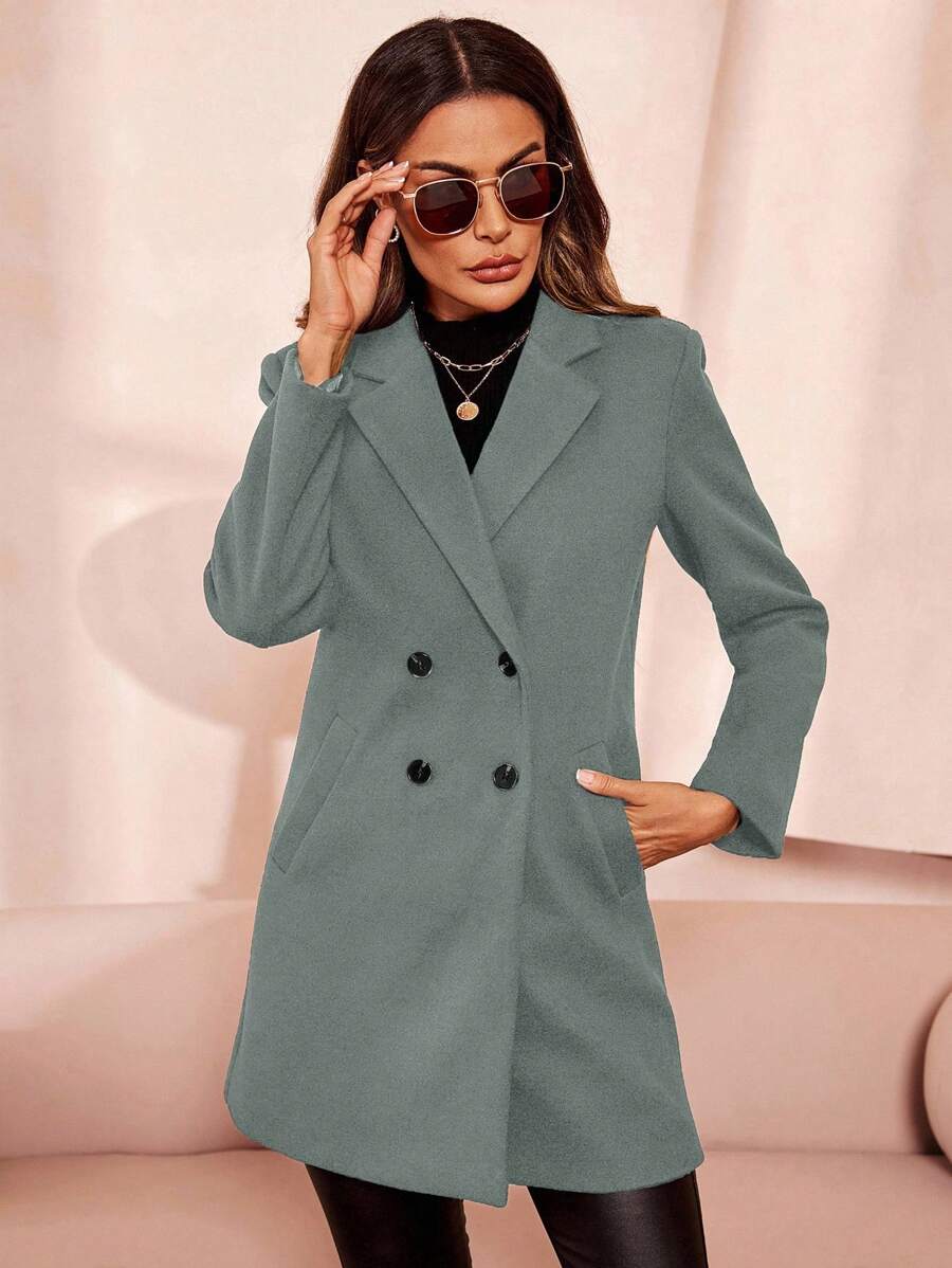 Clasi Women's Solid Color Double-Breasted Long Sleeve Woolen Windbreaker, Fashionable For Autumn/Winter