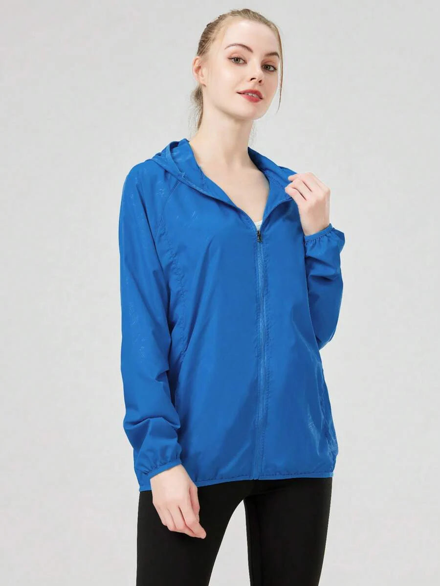 1pc Women's Lightweight Waterproof Jacket, Casual Windbreaker, Quick-Dry Sportswear, Black Long Sleeve Athletic Jacket For Women, With Storage Bag