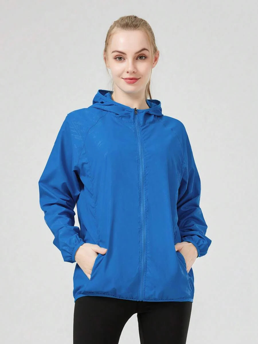 1pc Women's Lightweight Waterproof Jacket, Casual Windbreaker, Quick-Dry Sportswear, Black Long Sleeve Athletic Jacket For Women, With Storage Bag